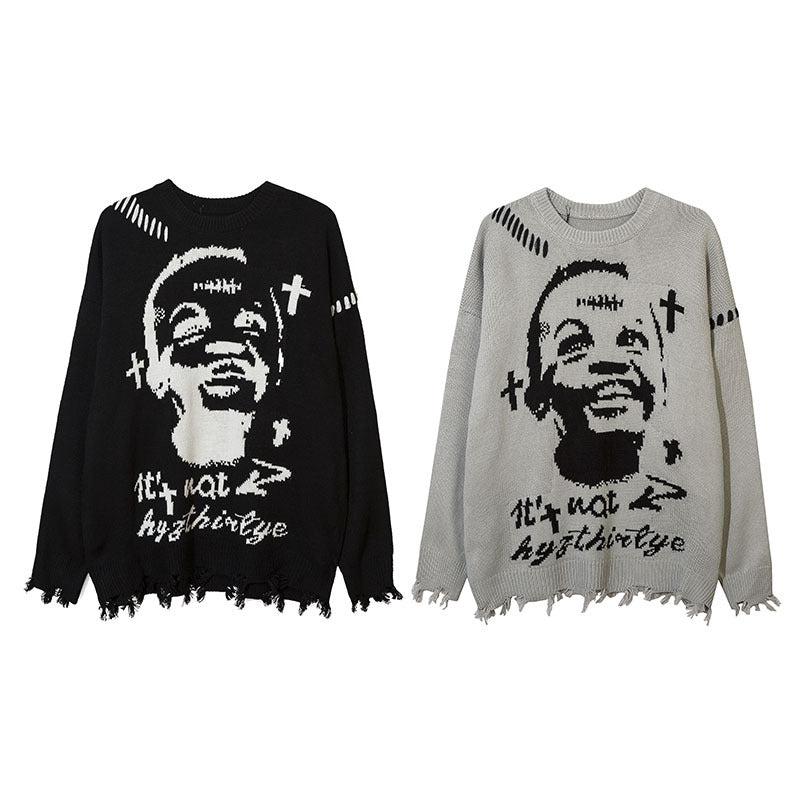 Women Sweater Portrait Knitted Sweater Loose Hole Sweater