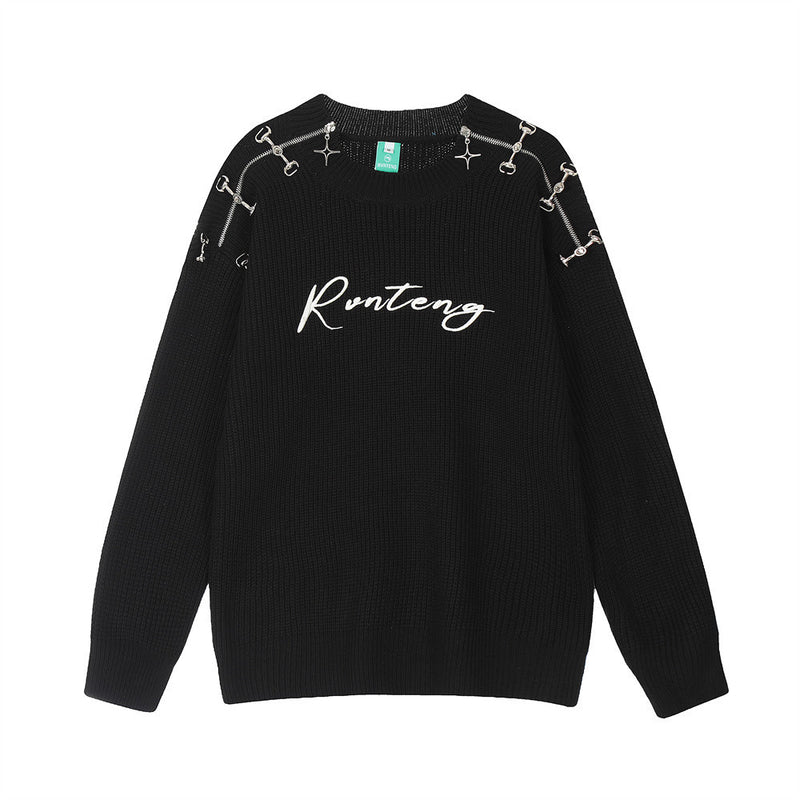 Men Sweater Zipper Stitching Embroidery Letter Sweater
