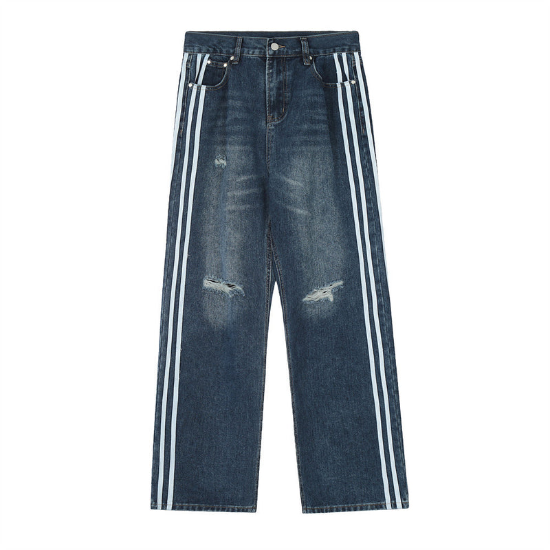 Men Jeans Side Stripes Stitching Broken Holes Pants Hip Hop
