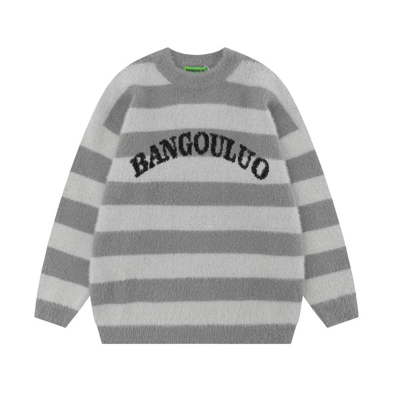 Men Sweater Stripes Jacquard and Fleece Lining Sweater Loose