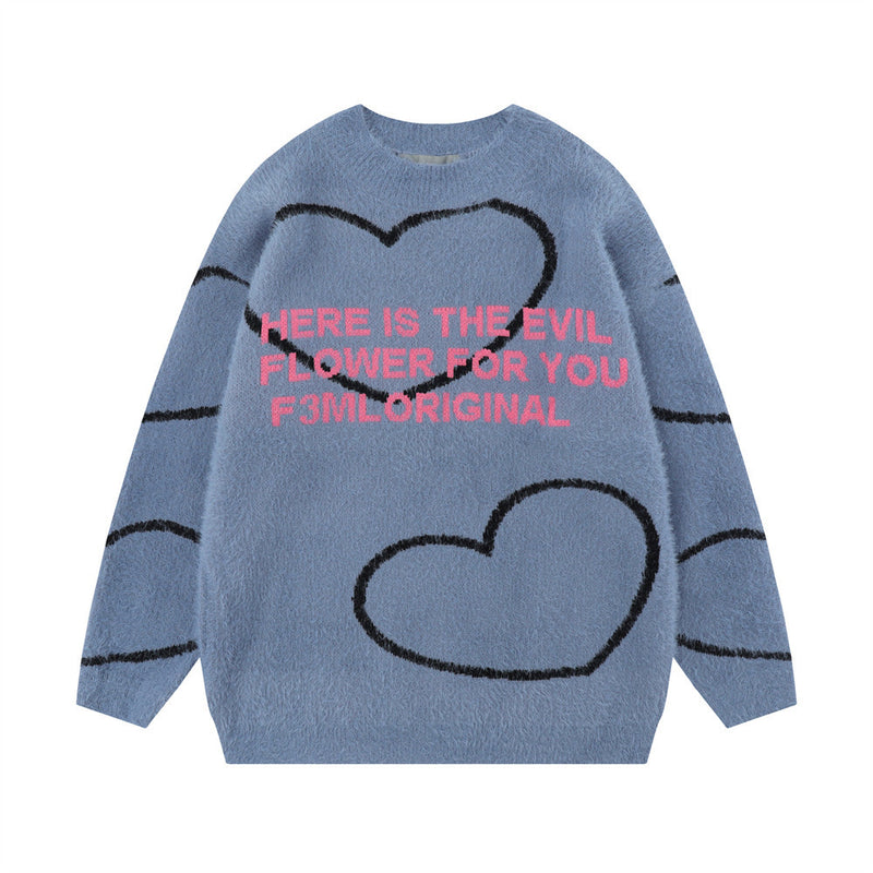 Men Sweater Love Jacquard Loose-Fitting round Neck Knitted Sweater