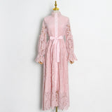 Bohemian Dress Lace Split Lantern Sleeve Hollow-out Dress