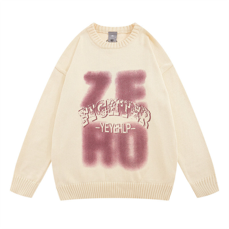 Men Sweater Fuzzy Printed round Neck Sweater
