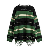 Men Sweater Hip Hop Striped Ripped Crocheted Crew Neck Sweater