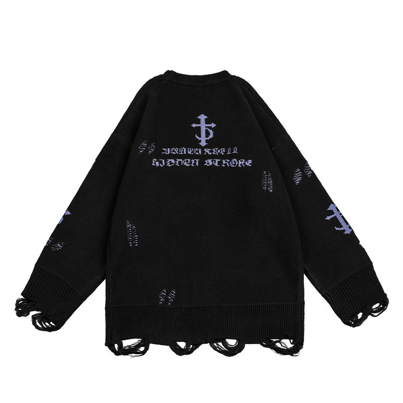Men Sweater Hip Hop Crocheted Ripped Crew Neck Sweater