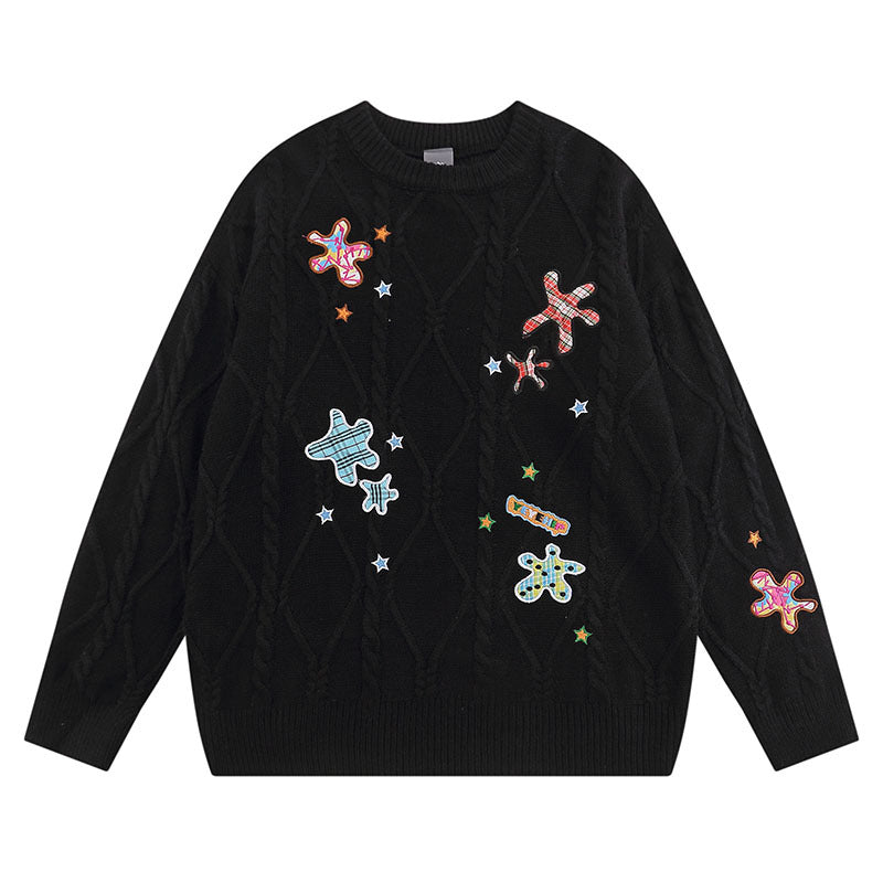 Women Sweater Retro Crew Neck Knitted Sweater Embroidery College Style