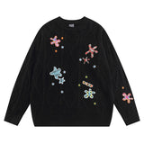 Women Sweater Retro Crew Neck Knitted Sweater Embroidery College Style