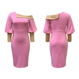 Women Dress Hip off-the-Shoulder Puff Sleeves Slim Fit Dress