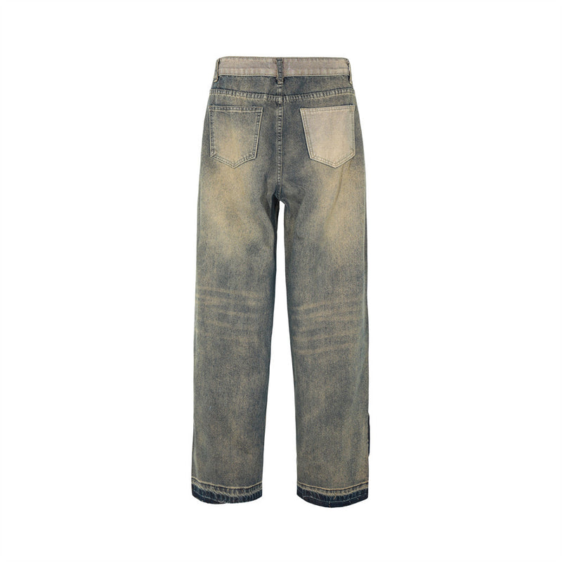 Men Jeans Distressed Raw Edges Patchwork Retro Loose