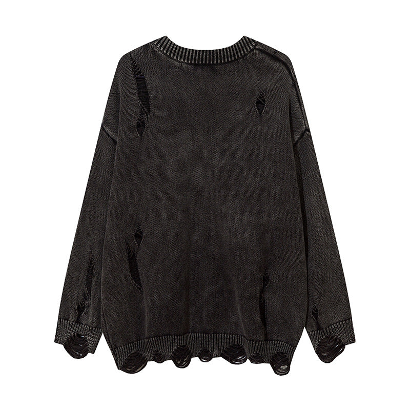 Men Sweater Washed Make Old Ripped round Neck Sweater Niche