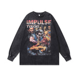 Mens Vintage Long Sleeve Shirt Printed Washed Long Sleeve T-Shirt