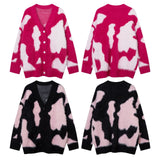 Women Sweater Contrast Color Jacquard V-neck Knitted Jacket