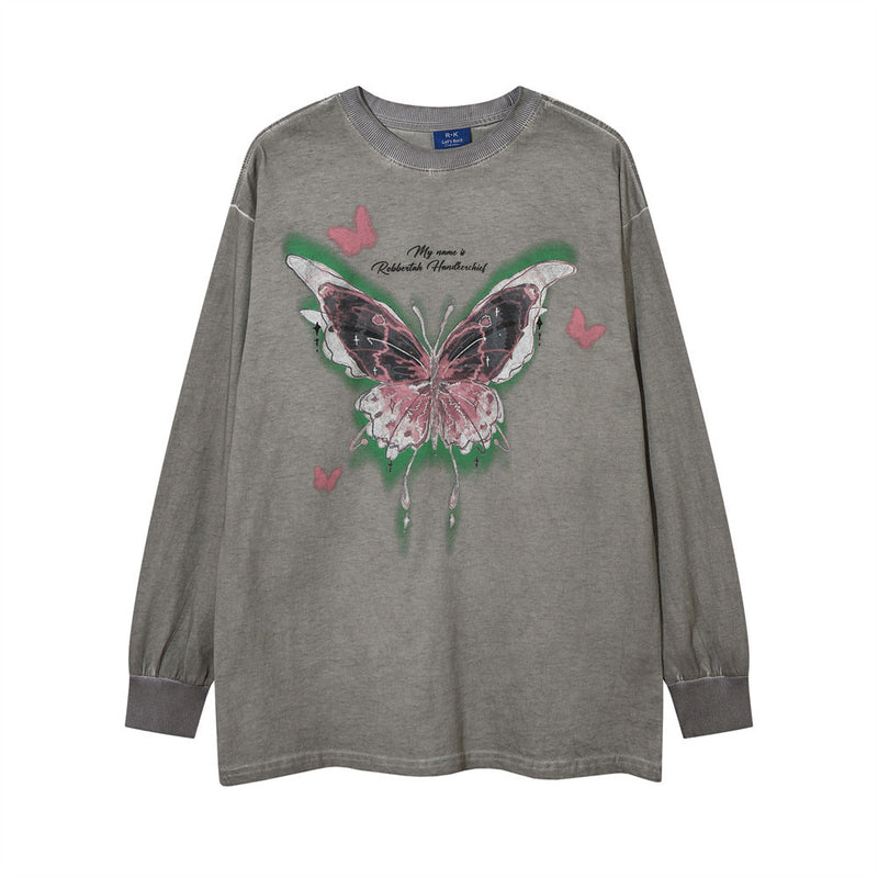 Men Long Sleeve T-Shirt Butterfly Print Distressed and Dirty