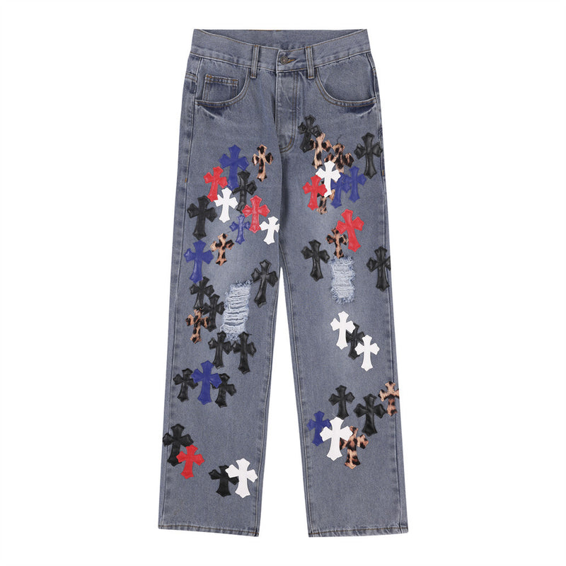 Men Jeans Cross Leather Embroidery Personality
