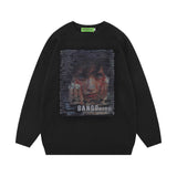 Men Sweater Vintage Portrait Printing Loose round Neck Sweater Men