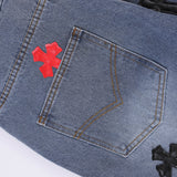 Men Jeans Cross Leather Embroidery Personality