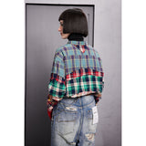 Unisex Shirt Casual Distressed Stitching Plaid Long Sleeve