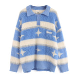 Women Sweater Contrast Color Striped Couple Knitted Top Polo Shirt