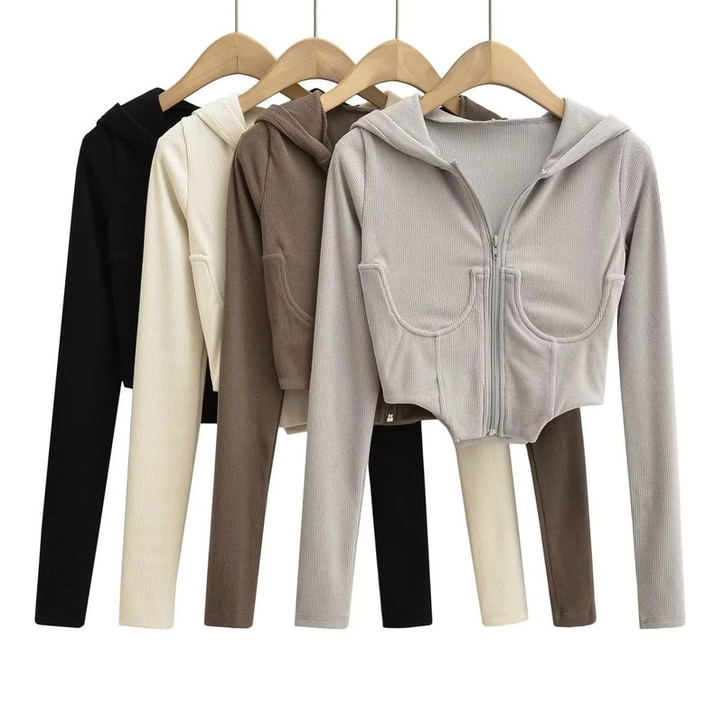 Women Hoodie Retro Short Cropped Cardigan