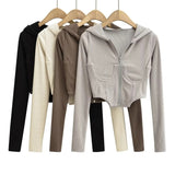 Women Hoodie Retro Short Cropped Cardigan