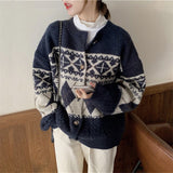 Women Knitted Cardigan Vintage Rhombus Thickened Coat
