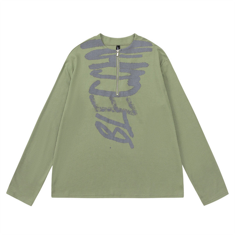 Men Long Sleeve T-Shirt Abstract Graffiti Printing Loose Half Zipper