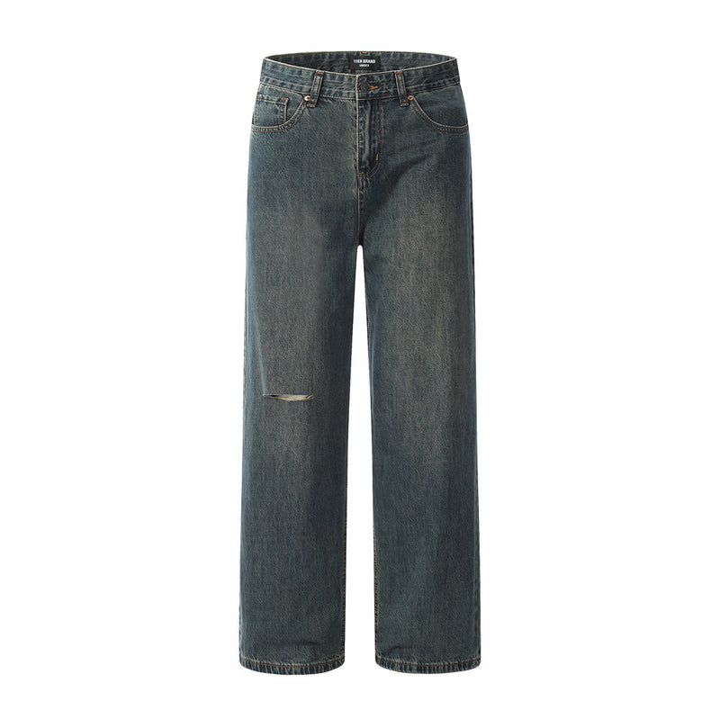 Men Jeans Ripped Solid Color Pants Loose Casual