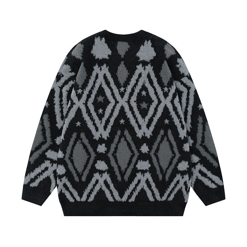 Women Sweater Vintage Diamond Jacquard Knitted Sweater