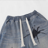 Men Shorts Spider Hand-Painted Denim Shorts Loose Casual Distressed