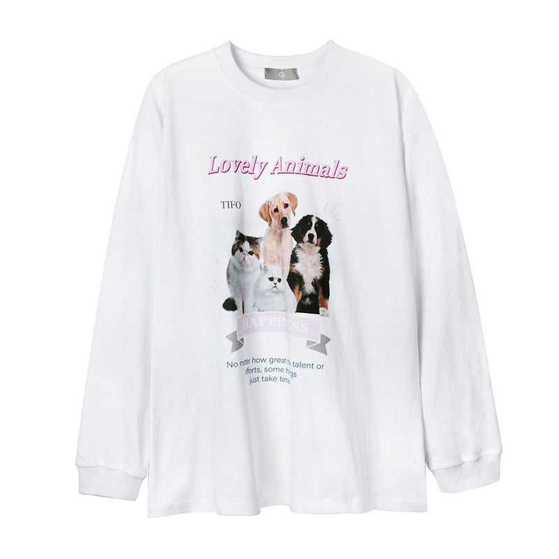 Men Long Sleeve T-shirt Dogs and Cats Animal Print Length Undershirt T-shirt