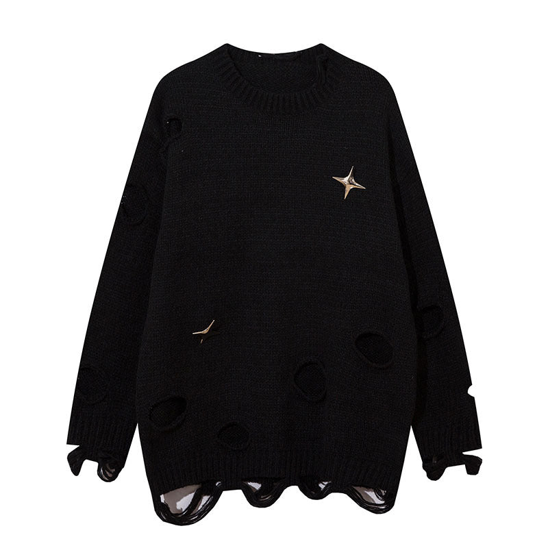 Women Sweater Solid Color Ripped Knit Oversize