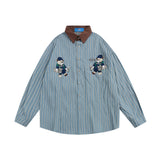 Men Long Sleeved T Shirt Embroidered Long Sleeve Shirt Men's Spring and Autumn Vertical Stripes Contrast Color Shirt Coat Vintage
