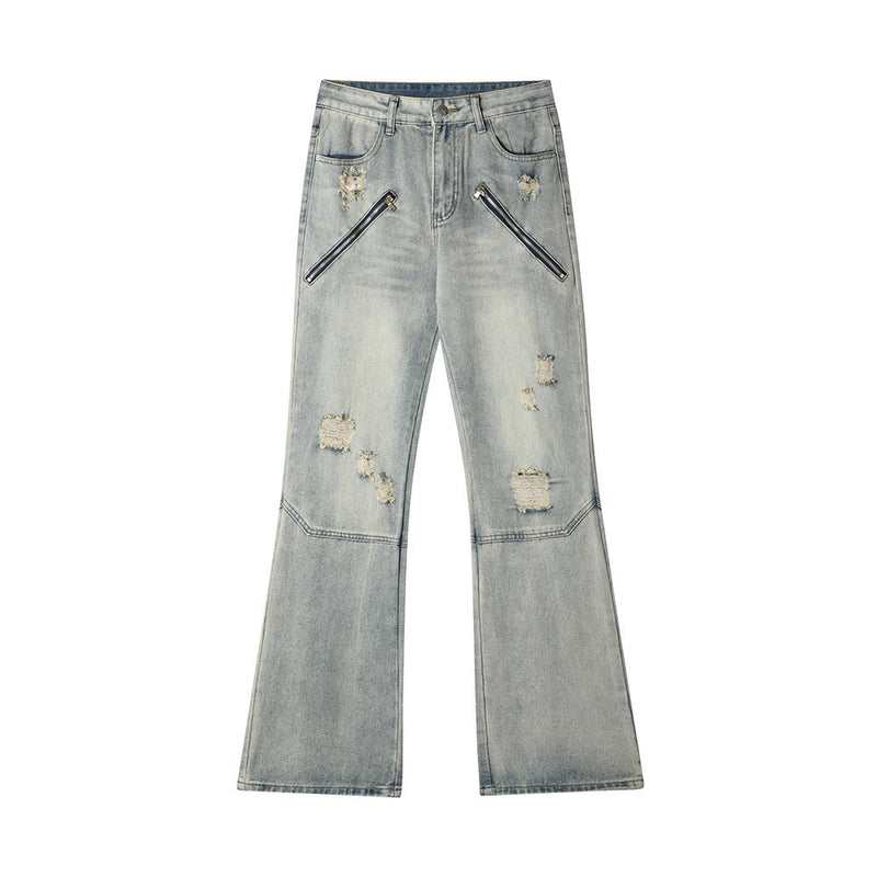 Men Jeans Bell-Bottom Pants Zipper Stitching Hole