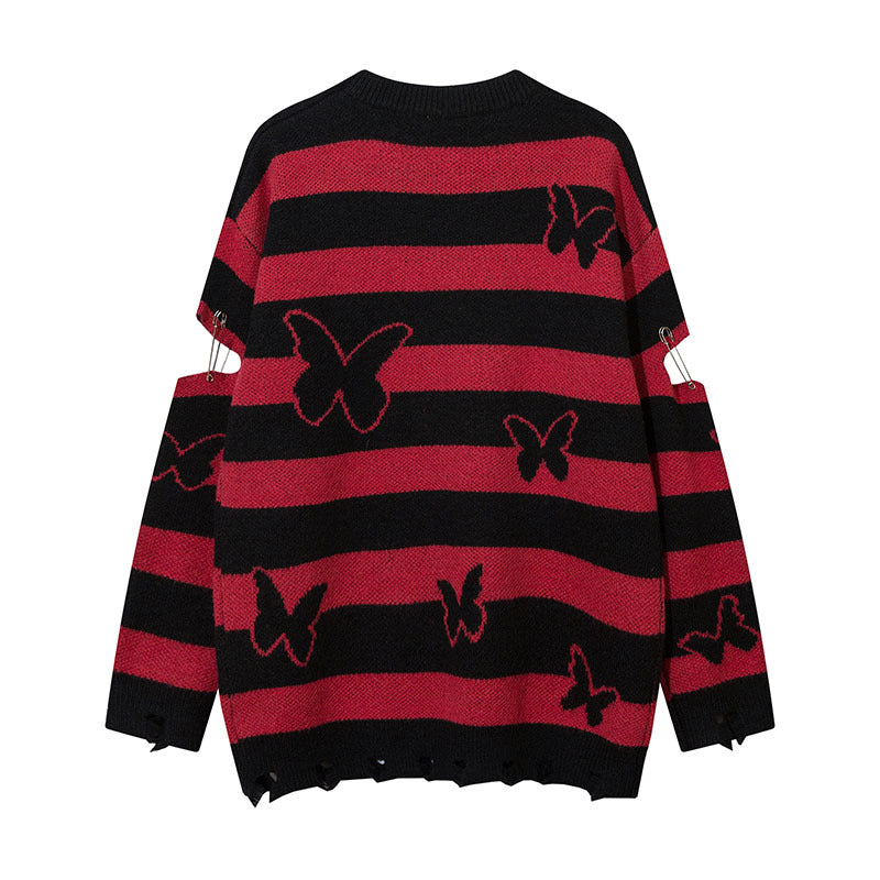 Women Sweater Striped Loose Hole Knitted Sweater