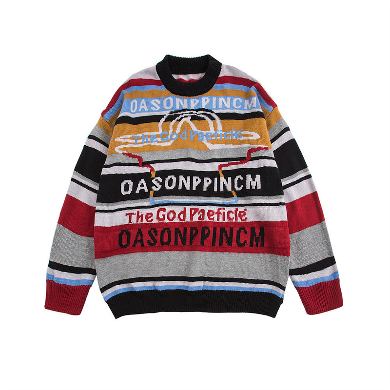 Men Sweater Striped Hip Hop round Neck Sweater