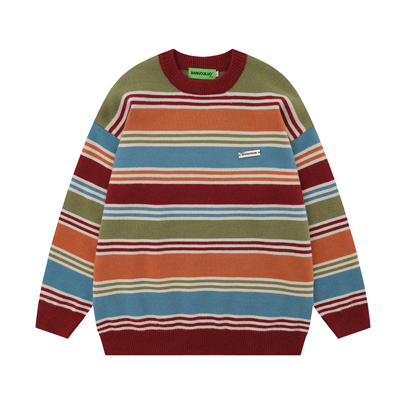 Women Sweater Preppy Style Contrast Color Striped Knitted Top Versatile