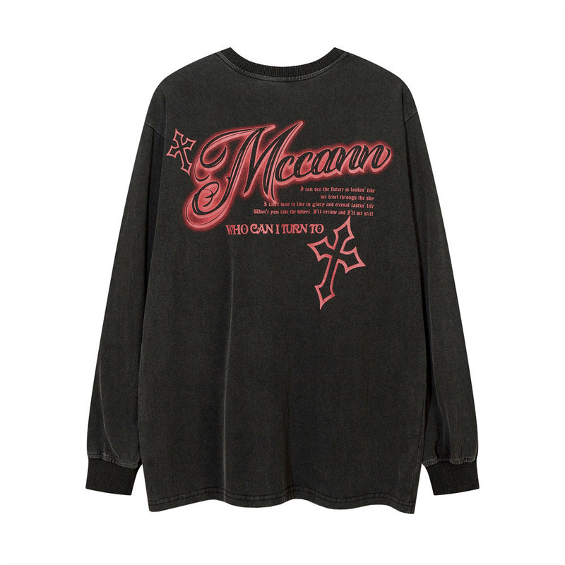 Men Long Sleeve T-Shirt Cross Print Loose Distressed
