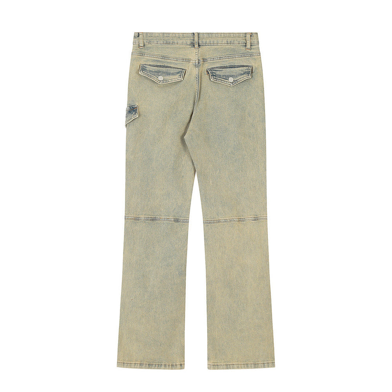 Men Jeans Distressed Yellow Mud Color Zipper Decorations Loose