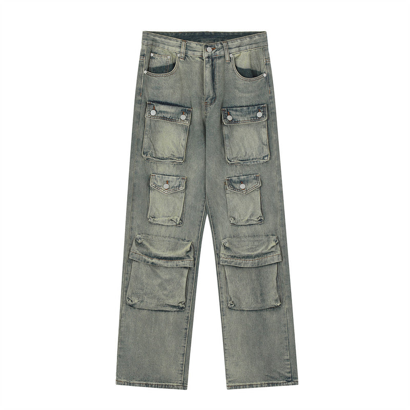 Men Jeans Punk Multi-Pocket Stereo Hip Hop Loose Washed and Worn