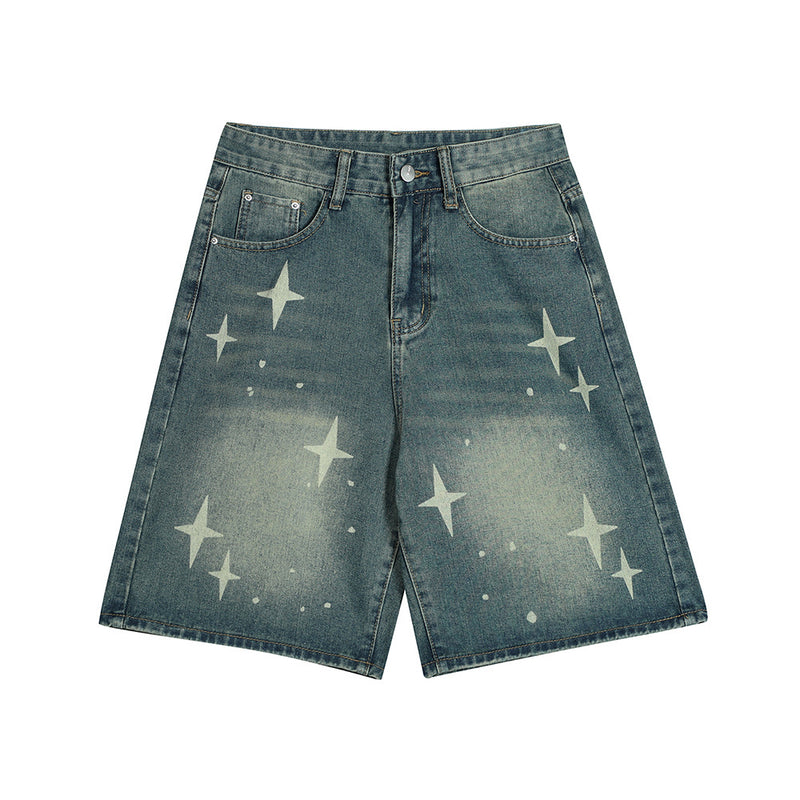 Men Jeans Cross Asterism Printed Cropped Pants Loose Casual
