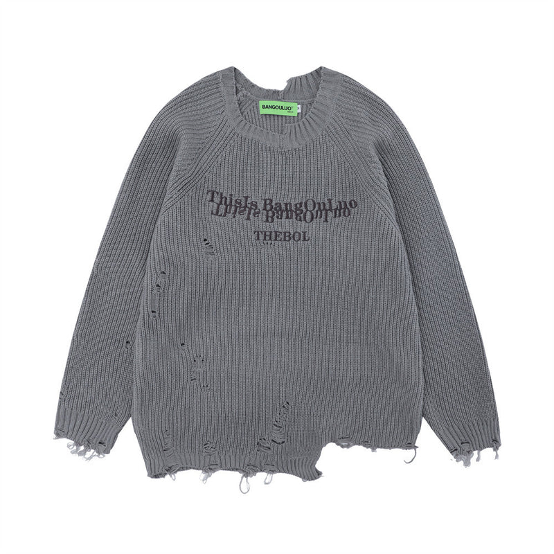 Men Sweater Ripped Sweater Loose Embroidery Letter Sweater