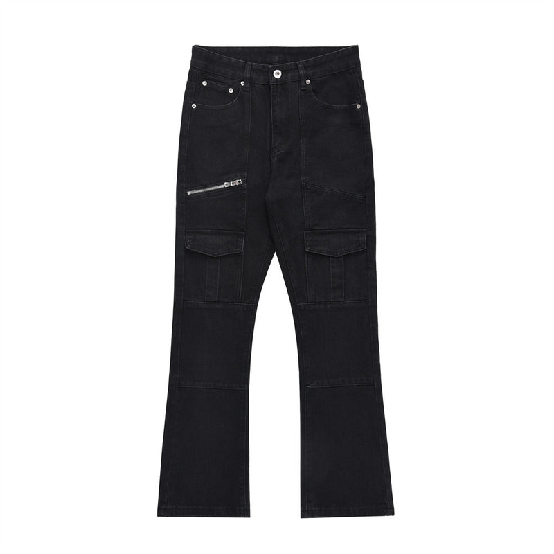 Men Jeans Bell-Bottom Pants Multi-Pocket Stitching Trendy