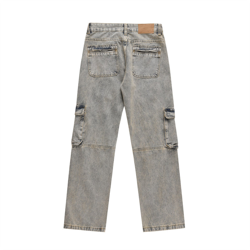 Men Jeans Punk Distressed Multi-Pocket Workwear