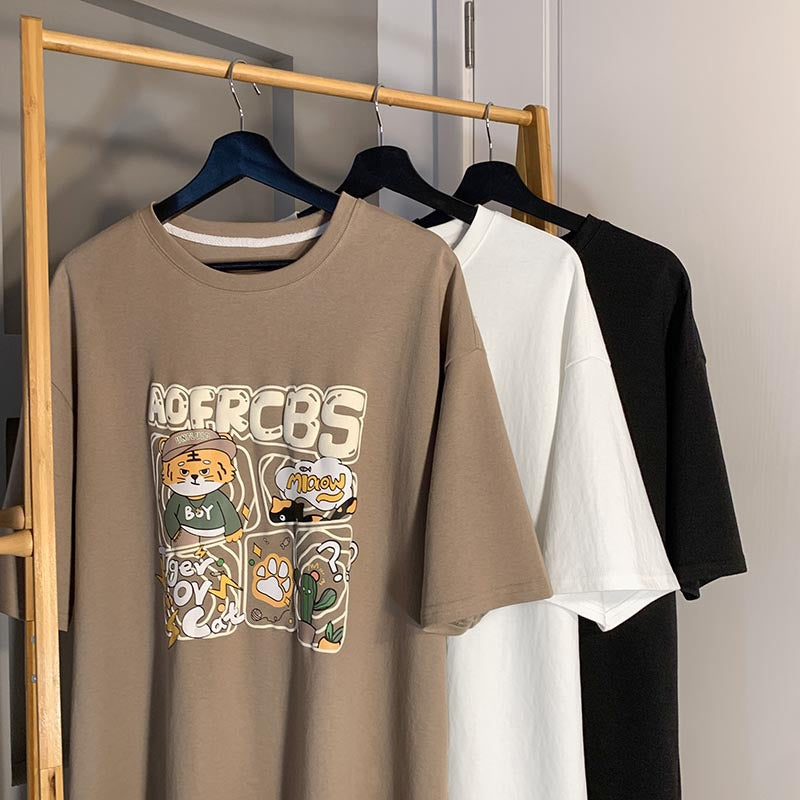 Men T Shirt Cartoon Tiger Print Casual Oversize