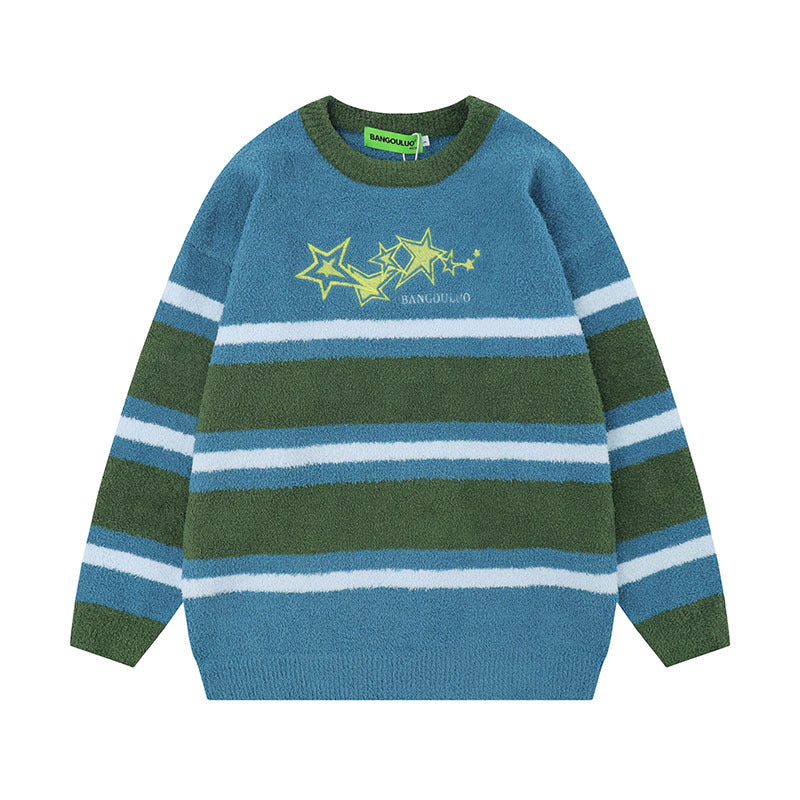 Women Sweater Seahorse Soft Stripes Contrast Color Knitted Sweater