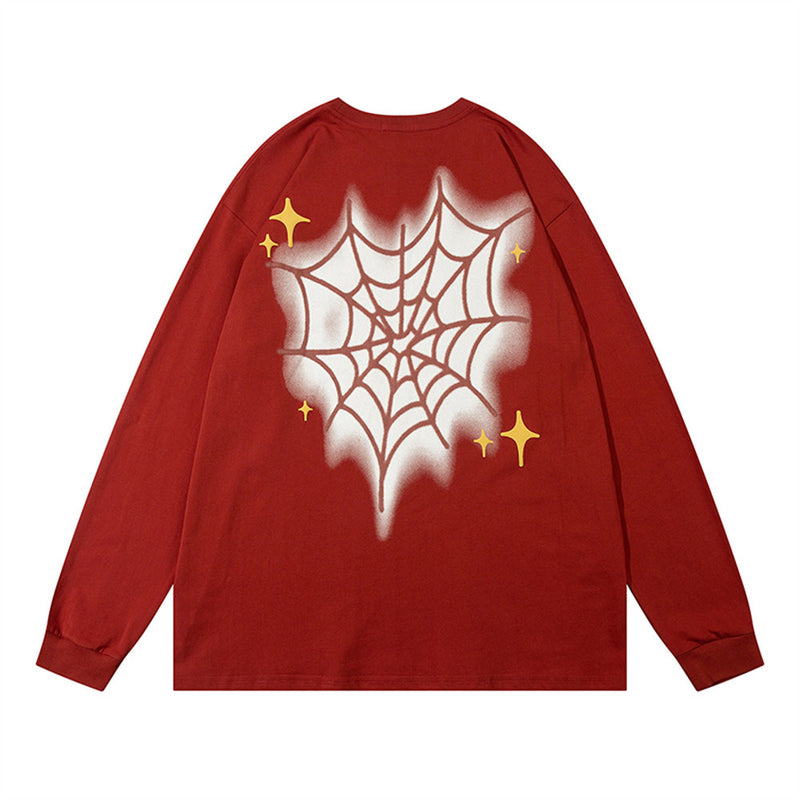 Men Long Sleeve T-shirt Spider Web Printed Cotton Casual Bottoming Shirt