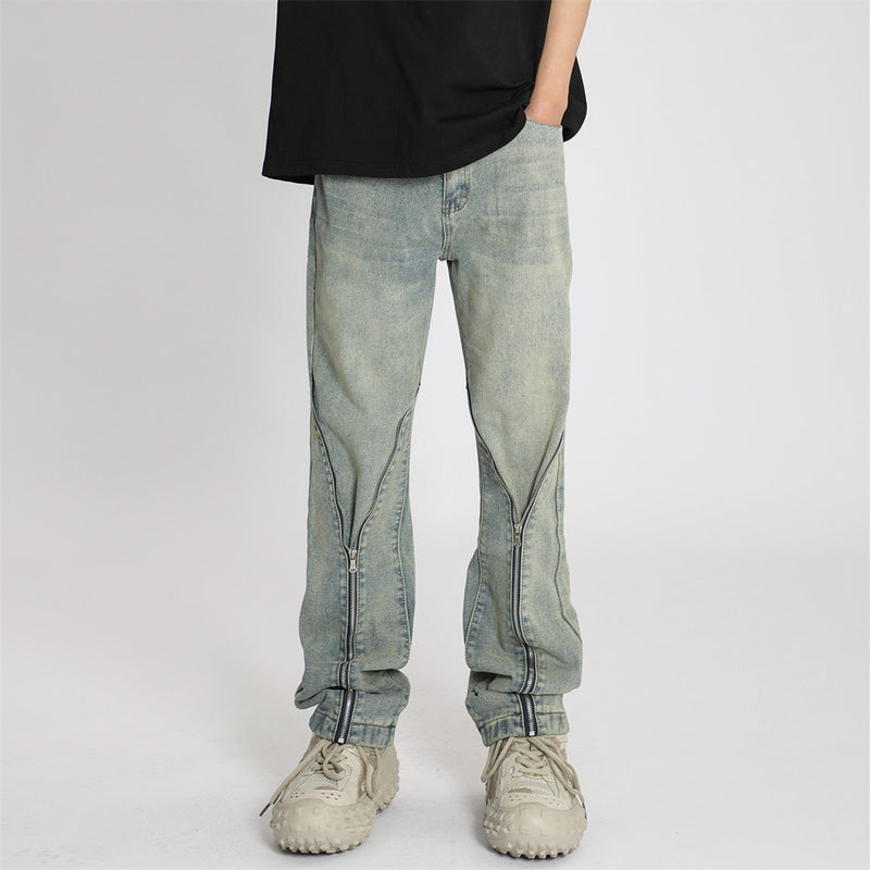 Men Jeans Zipper Stitching Trousers