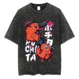 Anime Chainsaw Men Washed Tshirt Retro Hip Hop Streetwear