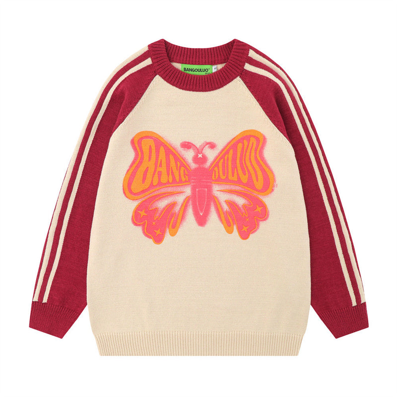 Men Sweater Butterfly Print Hip Hop Patchwork Knitting Sweater