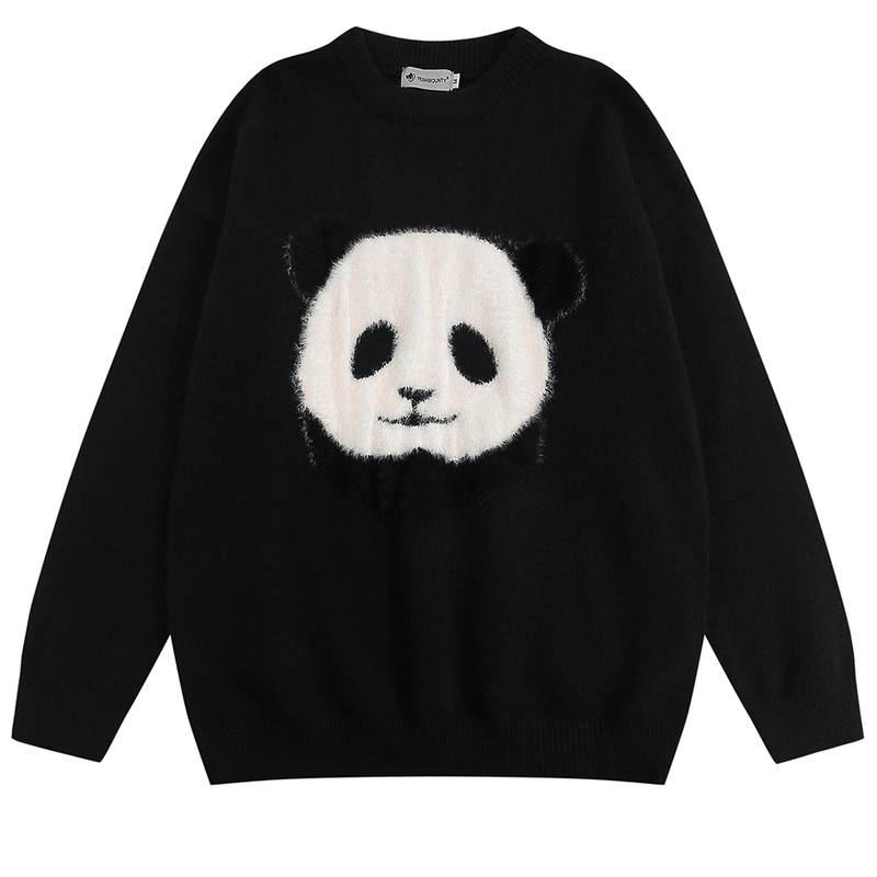 Men Sweater Plush Embroidery Panda Pattern